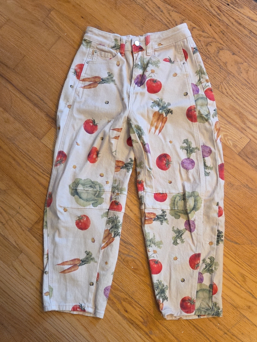 Vegetable Print Cotton Pants - Cream Base with Red, Green & Purple Veggies